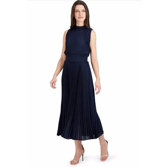 Nanette Lepore Women's Smocked High Neck Pleated Midi Dress - Elegant Party & Wedding Guest Dress